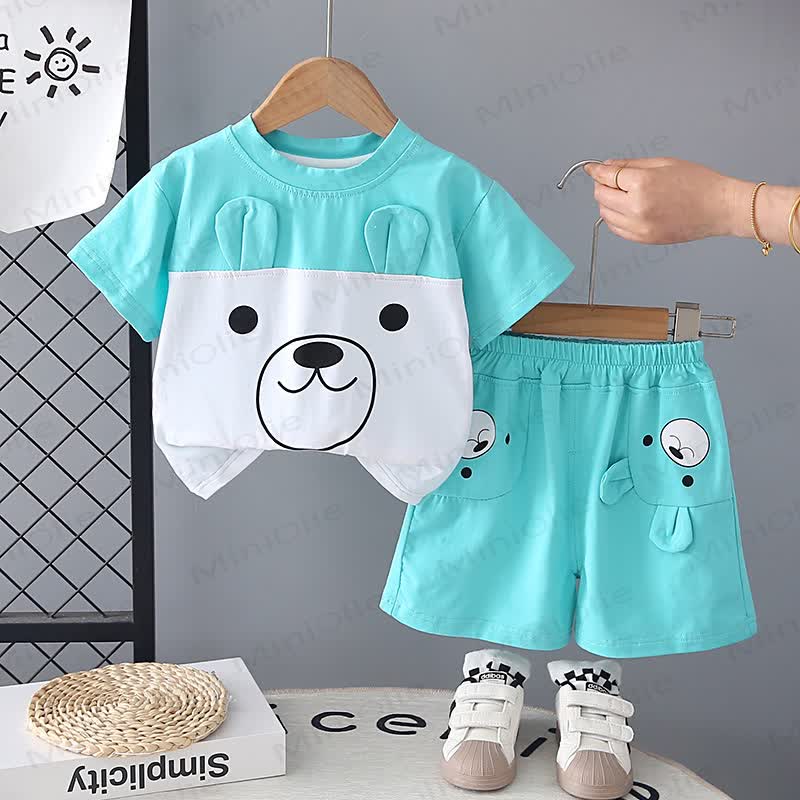 ベビーベアの顔プリントTシャツとショートパンツの2点セット - 青 - 4～5歳 - image 2