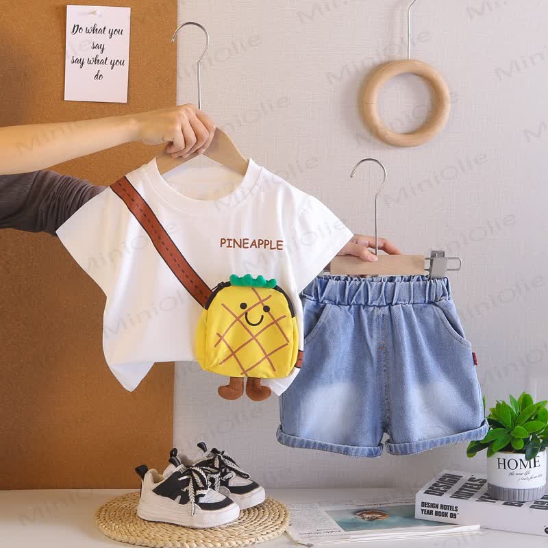 幼児用漫画柄Tシャツとデニムショートパンツの2点セット - 白 - 4～5歳 - image 2