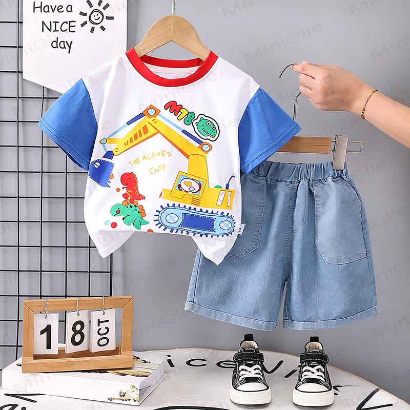 幼児男の子用ショベルカー柄Tシャツ＆ショートパンツ 2点セット - 青 - 4～5歳 - image 1