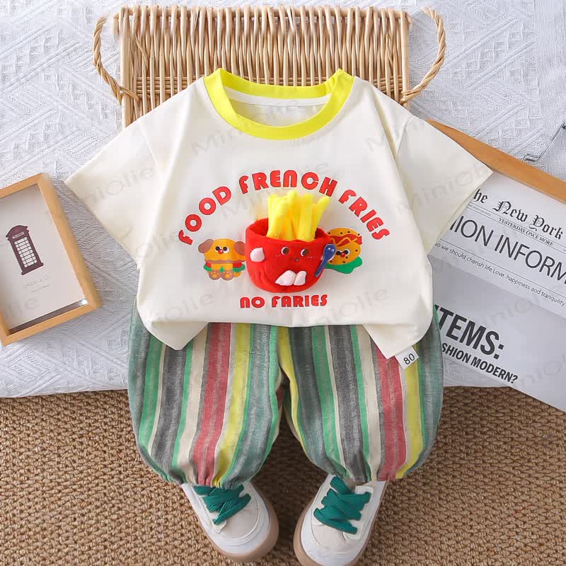 幼児用フライドポテト柄Tシャツとハーレムパンツのツーピースセット - 白 - 4～5歳 - image 1