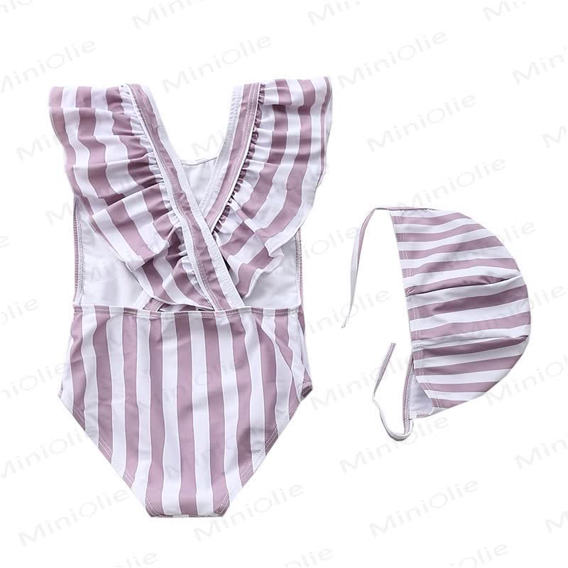 幼児用女の子向けストライプ柄チェック柄フルーツプリント水玉模様水着 - ベージュ - 4～5歳 - image 2