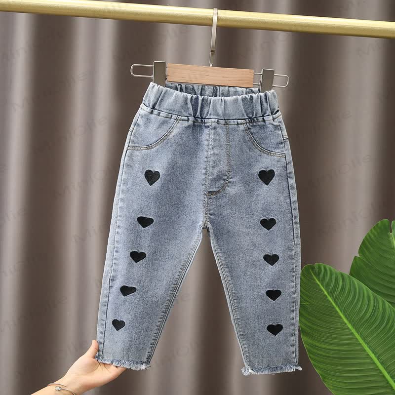 ベビーガールズ用刺繍入りデニムジョガーパンツ - ブルーハート - 4～5歳 - image 1