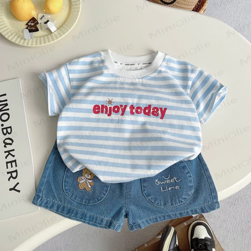 幼児用ストライプTシャツとデニムショートパンツの2点セット - image 1