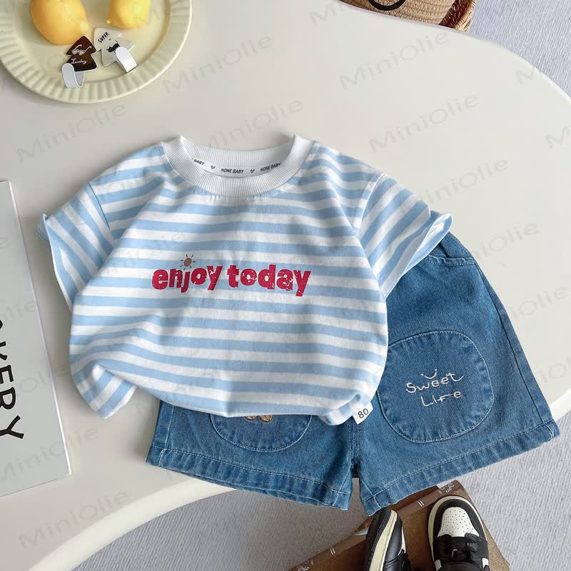 幼児用ストライプTシャツとデニムショートパンツの2点セット - 青 - 4～5歳 - image 2
