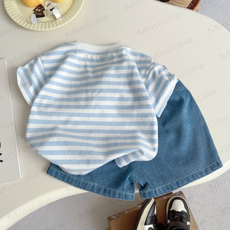 幼児用ストライプTシャツとデニムショートパンツの2点セット - image 3