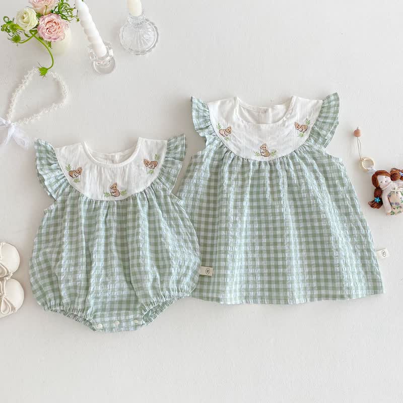 ベビー・幼児用 女の子 グリーン うさぎ柄 ギンガムチェック ノースリーブ ボディスーツ/Dress - image 1