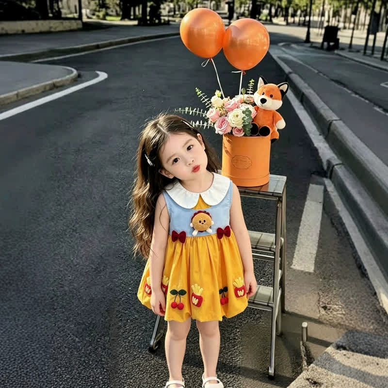 ベビー幼児女の子用ハンバーガーアップリケ付きカラーブロックノースリーブDress - image 2
