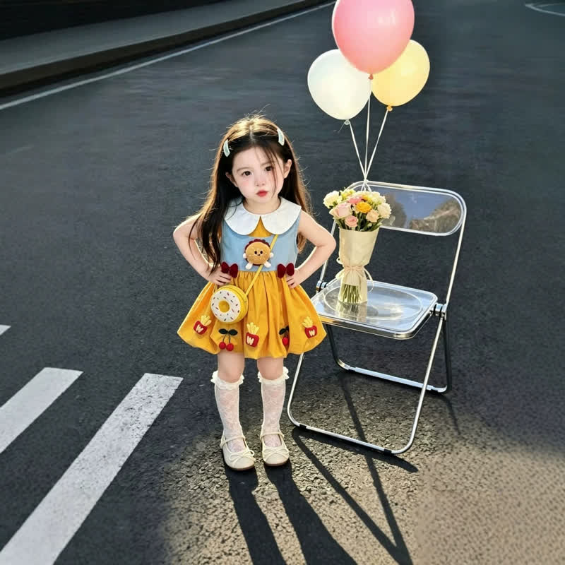 ベビー幼児女の子用ハンバーガーアップリケ付きカラーブロックノースリーブDress - image 3
