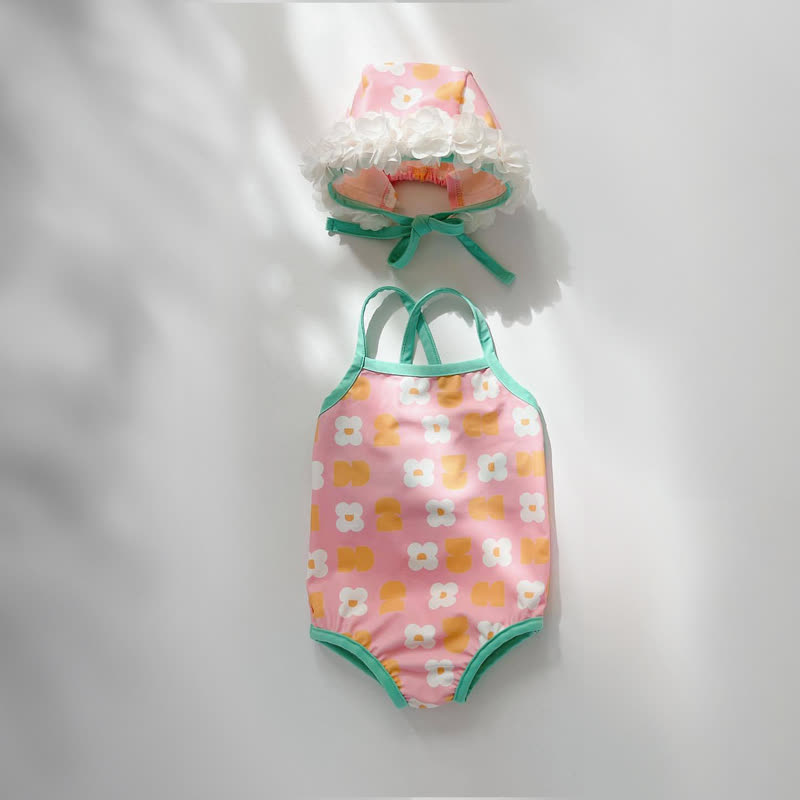 ベビーガールズ用花柄ワンピース水着またはスモックツーピース水着（スイムキャップ付き） - ピンクのワンピース - 2～3歳 - image 2