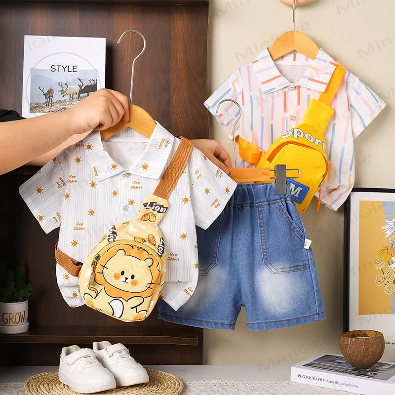 幼児用白シャツとデニムショートパンツのツーピースセット（ライオン柄バッグ付き） - image 1