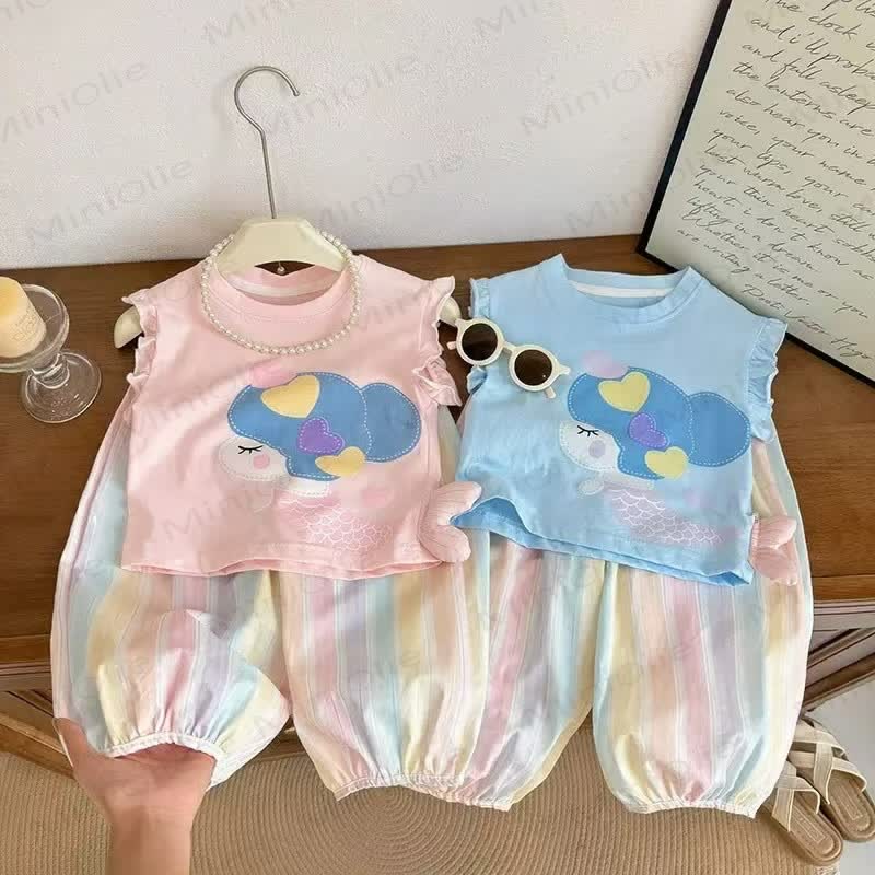幼児用女の子ストライプ柄ノースリーブセット - image 1