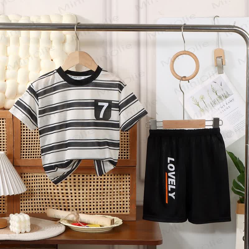 幼児用ストライプ柄Tシャツ＆ショートパンツ 2点セット - 黒 - 10-11歳 - image 3