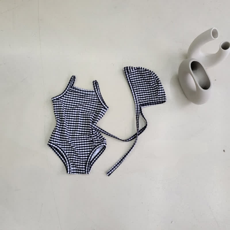 ベビーガールズ用チェック柄またはドット柄ワンピース水着（スイムキャップ付き） - ブラックチェック - 2～3歳 - image 2