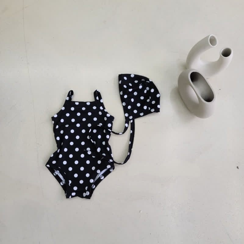 ベビーガールズ用チェック柄またはドット柄ワンピース水着（スイムキャップ付き） - ブラックドット - 2～3歳 - image 4
