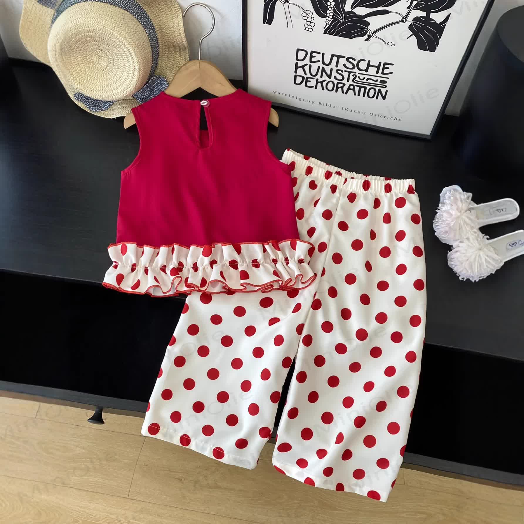 幼児用女の子向け赤ドット柄ノースリーブセット - image 2