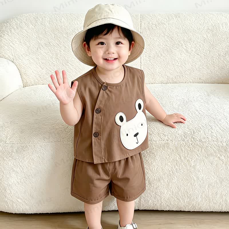 幼児用コットンベアパッチタンクトップ＆ショートパンツ2点セット - コーヒー - 4～5歳 - image 2