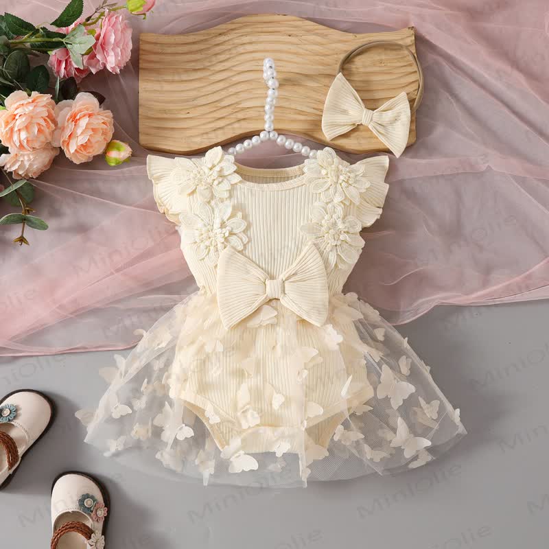 ベビー用花柄/蝶柄チュールスカートボディスーツ（ヘッドバンド付き） - ベージュ - 12～18ヶ月 - image 9