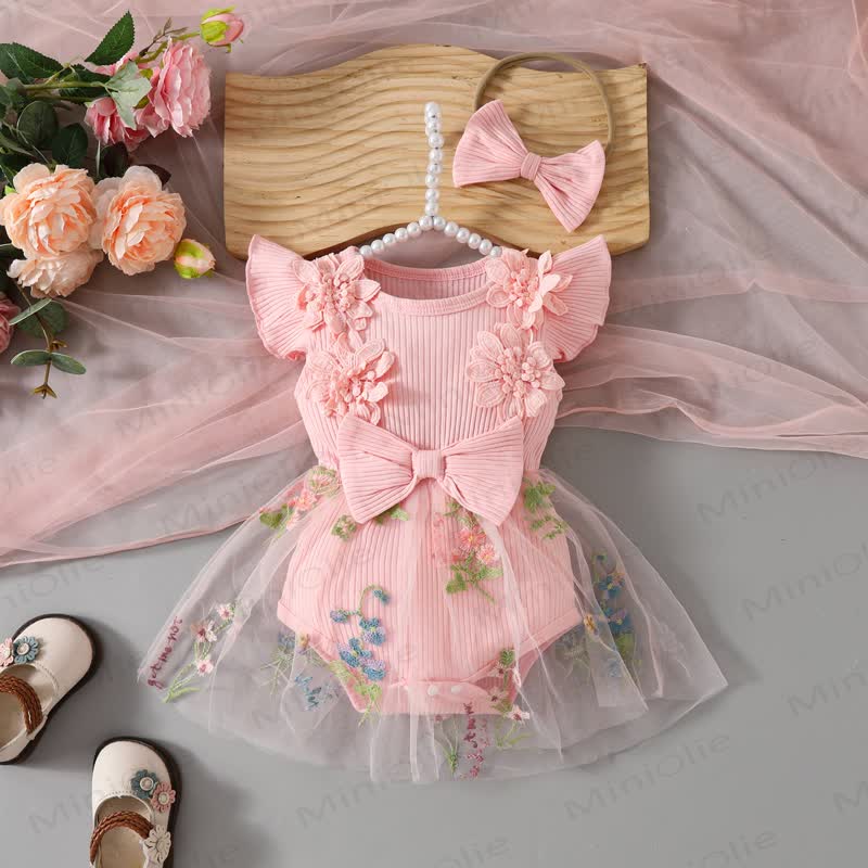 ベビー用花柄/蝶柄チュールスカートボディスーツ（ヘッドバンド付き） - ピンク - 12～18ヶ月 - image 1