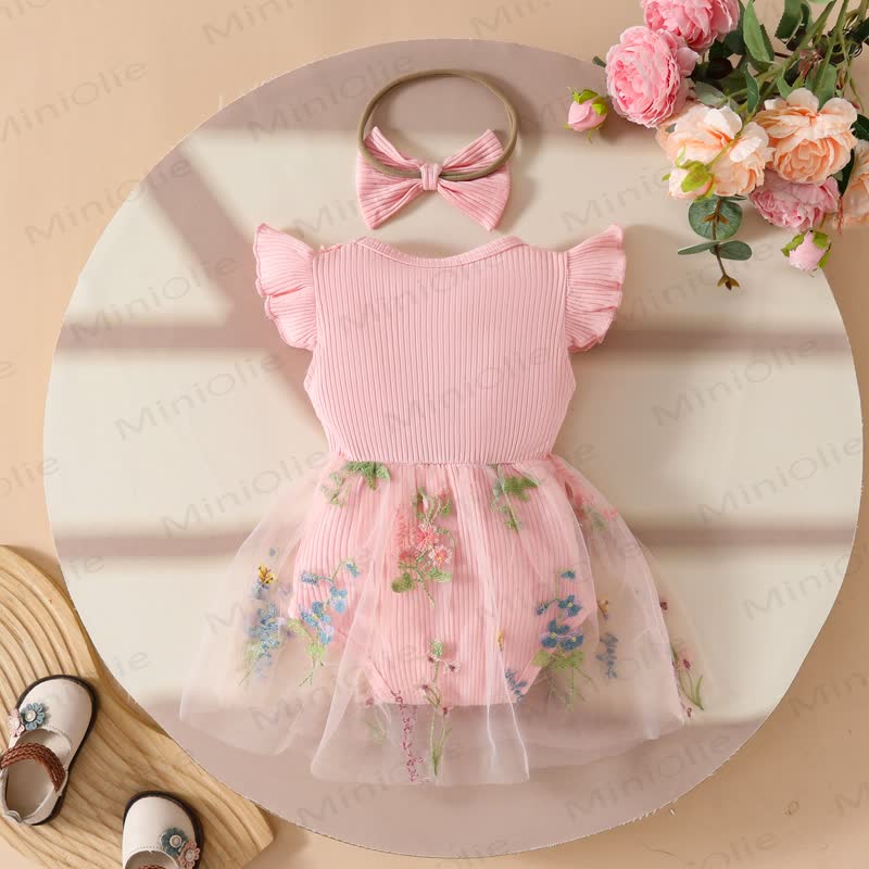 ベビー用花柄/蝶柄チュールスカートボディスーツ（ヘッドバンド付き） - image 2