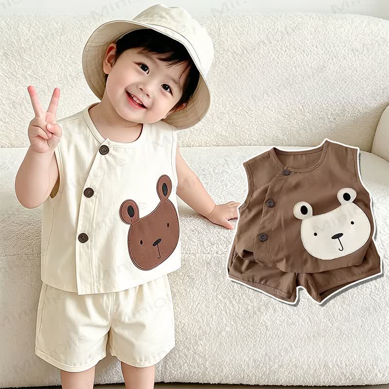 幼児用コットンベアパッチタンクトップ＆ショートパンツ2点セット - ベージュ - 4～5歳 - image 1