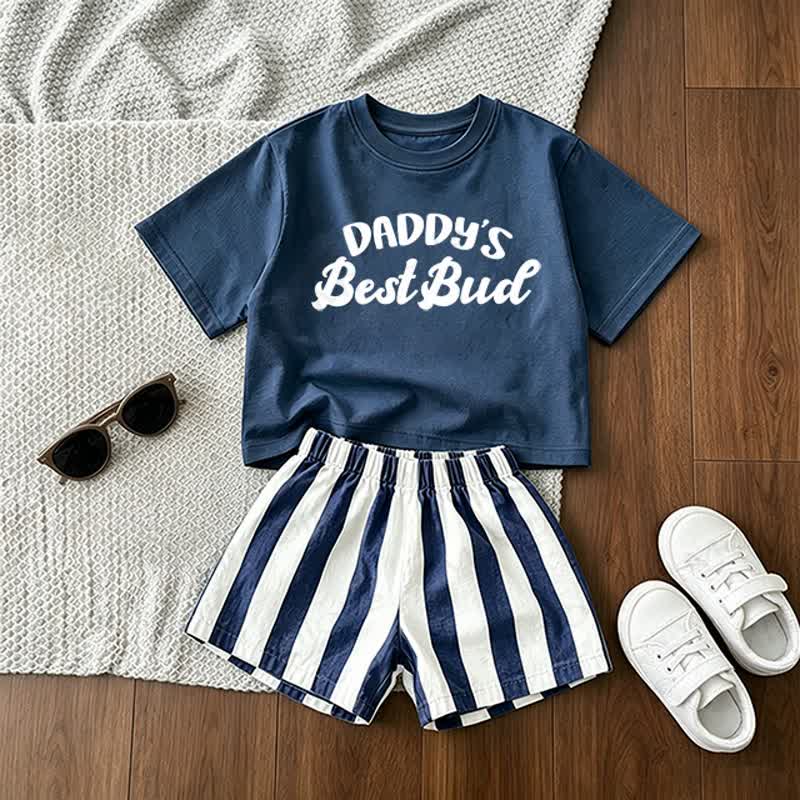 DADDY'S BEST BUD幼児用Tシャツとストライプ柄ショートパンツの2点セット - 青 - 3～5歳 - image 1