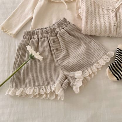 幼児用女の子向けコットンストライプレース裾ショートパンツ - コーヒー - 4～5歳 - image 2