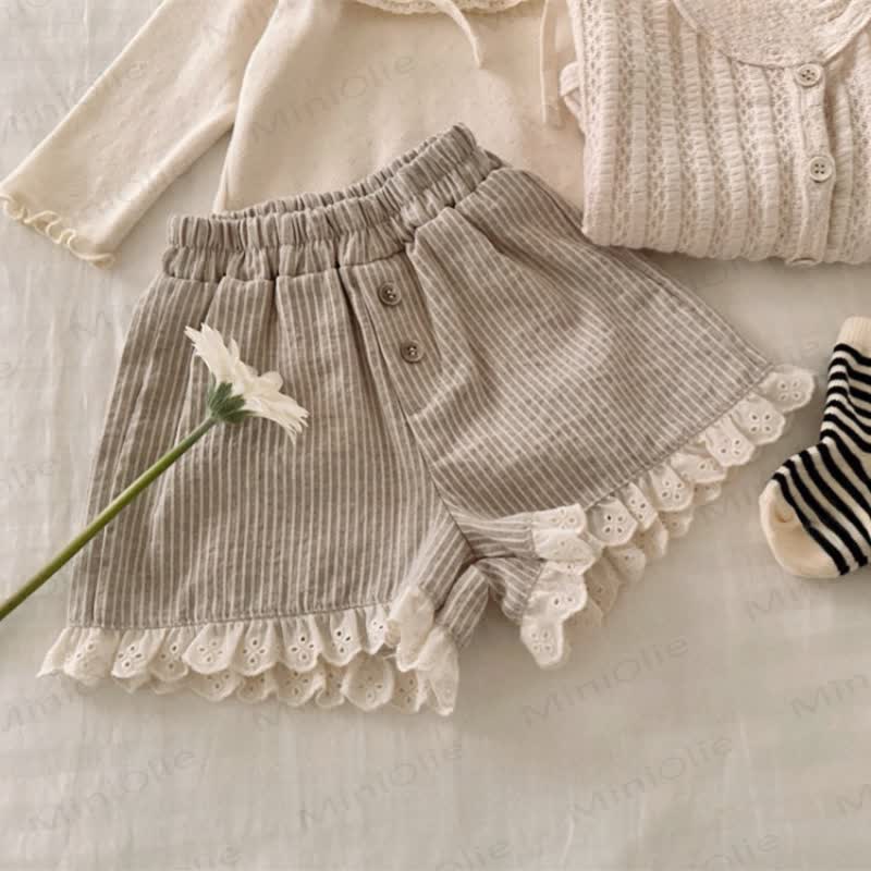 幼児用女の子向けコットンストライプレース裾ショートパンツ - コーヒー - 4～5歳 - image 2