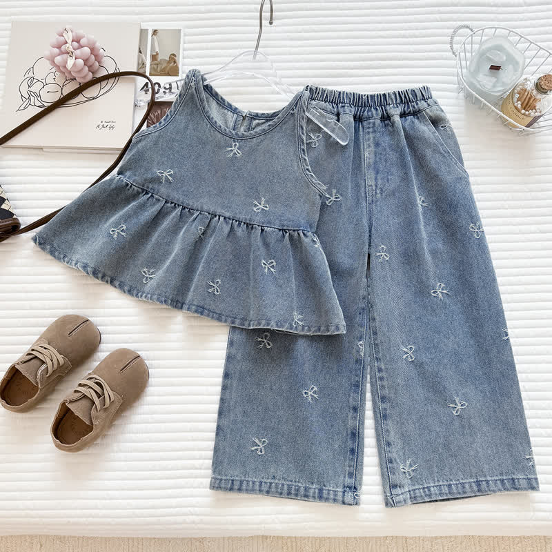 幼児用女の子用リボン刺繍入りデニムペプラムパンツセット - 青 - 10-11歳 - image 1
