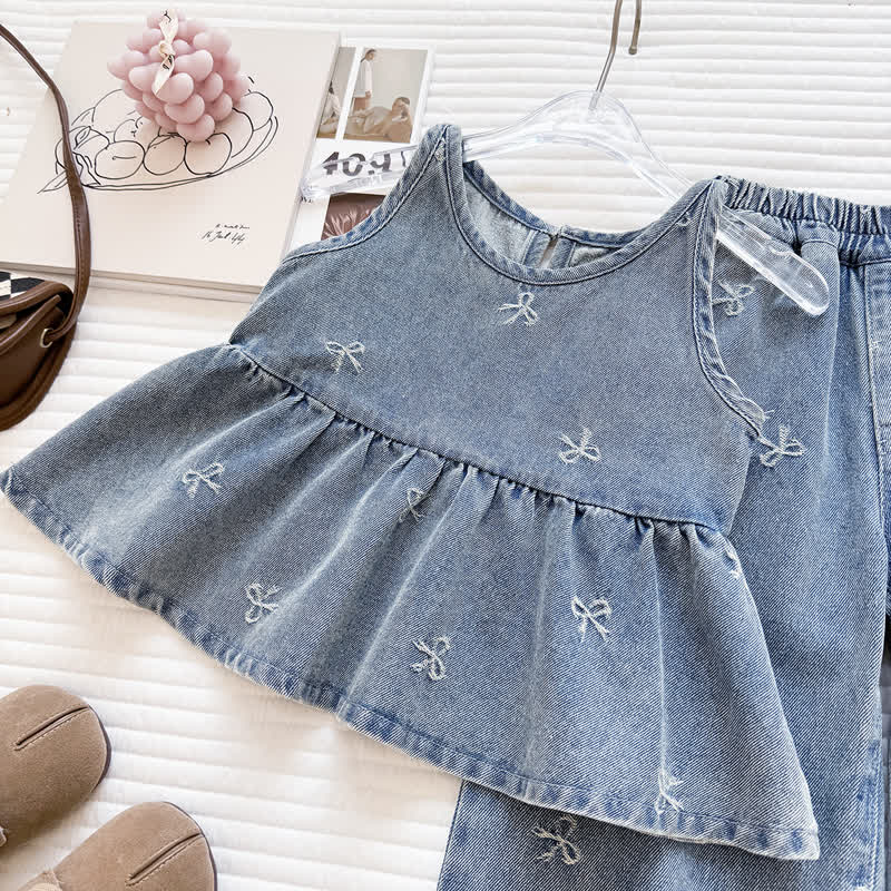幼児用女の子用リボン刺繍入りデニムペプラムパンツセット - image 2