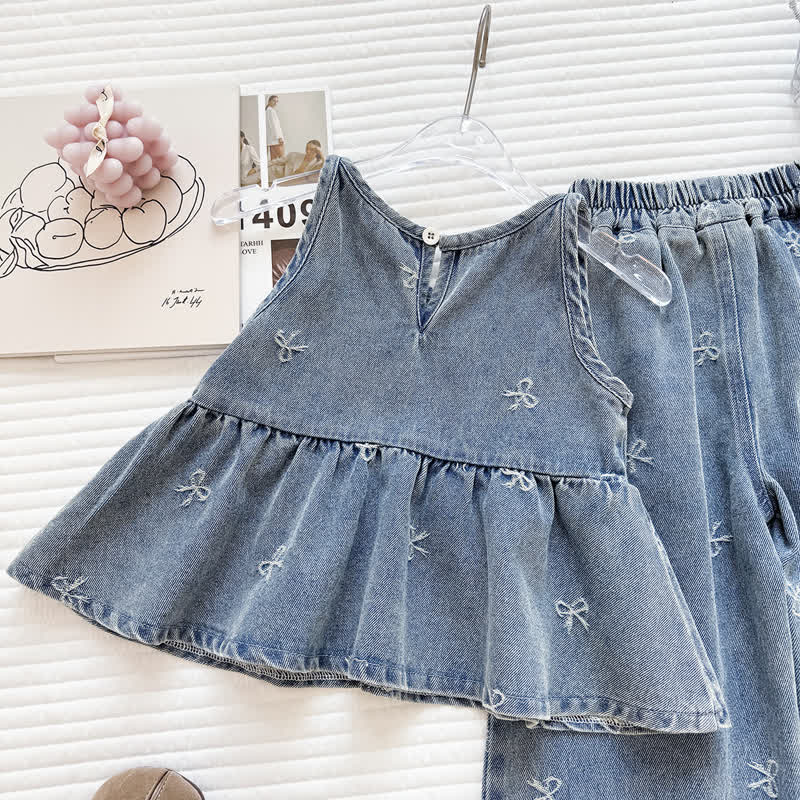 幼児用女の子用リボン刺繍入りデニムペプラムパンツセット - image 3
