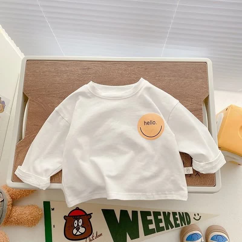 HELLO幼児用ベビースマイリーフェイス無地/ストライプ長袖Tシャツ - 白 - 6～7歳 - image 2