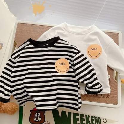 HELLO幼児用ベビースマイリーフェイス無地/ストライプ長袖Tシャツ - image 1