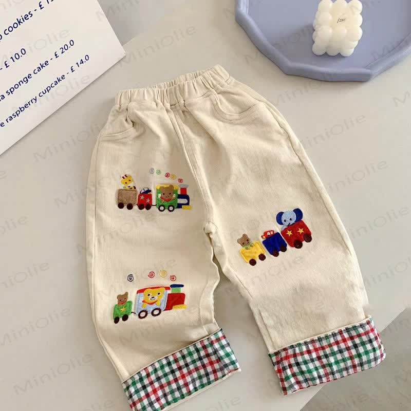 幼児用コットン製、漫画電車柄チェック柄カフス付きパンツ - ベージュ - 4～5歳 - image 3
