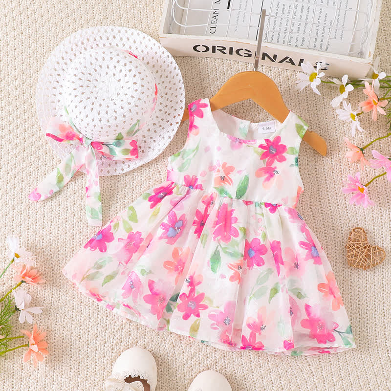 女の子用ピンク花柄Dressと帽子 - ピンク - 2-3Y - image 1