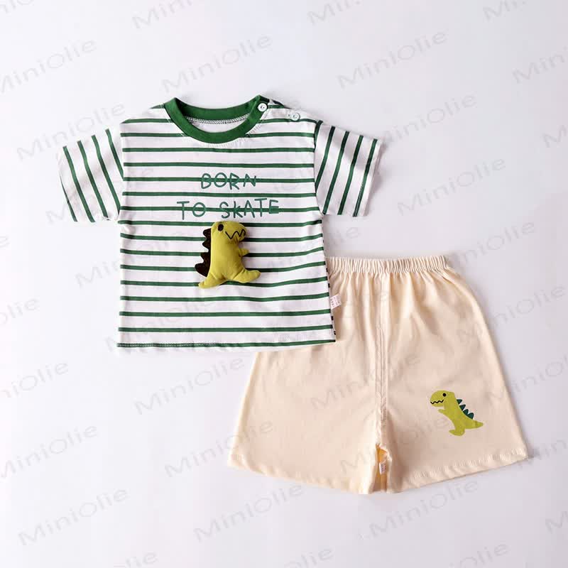 幼児用ソフトコットンアニマルプリントTシャツ＆ショートパンツ2点セット - 緑 - 6～7歳 - image 1