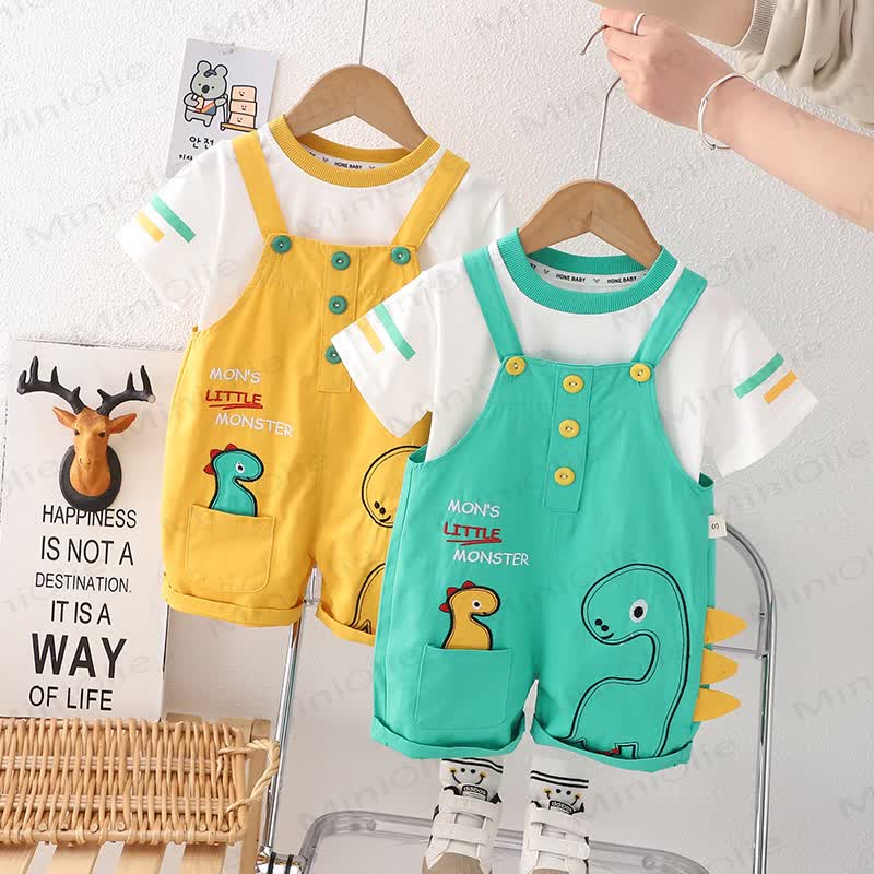 男の子用恐竜柄Tシャツとサスペンダーショーツのツーピースオーバーオールセット - image 1