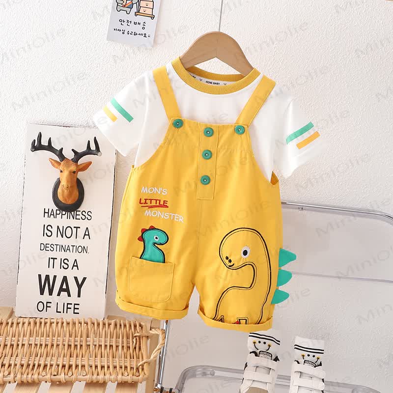 男の子用恐竜柄Tシャツとサスペンダーショーツのツーピースオーバーオールセット - 黄色 - 4～5歳 - image 2