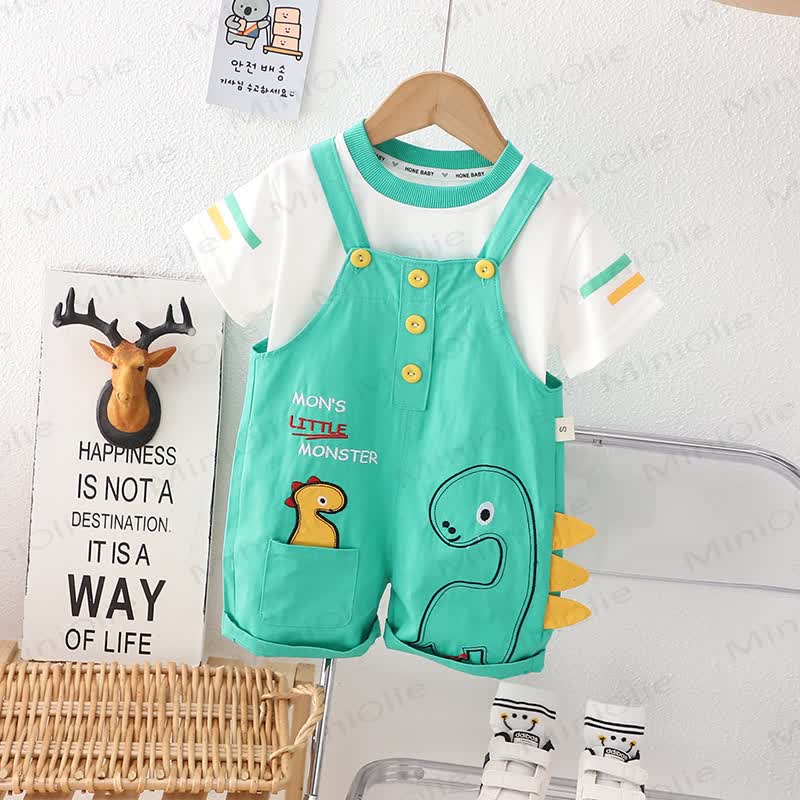男の子用恐竜柄Tシャツとサスペンダーショーツのツーピースオーバーオールセット - 緑 - 4～5歳 - image 3