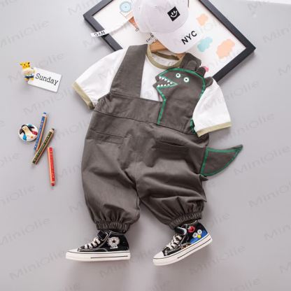 ベビー恐竜のしっぽ柄ニットTシャツとサスペンダーショーツのツーピースオーバーオールセット - グレー - 4～5歳 - image 3