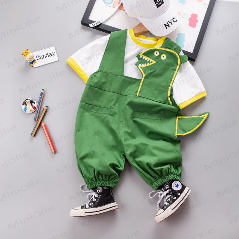 ベビー恐竜のしっぽ柄ニットTシャツとサスペンダーショーツのツーピースオーバーオールセット - 緑 - 4～5歳 - image 2