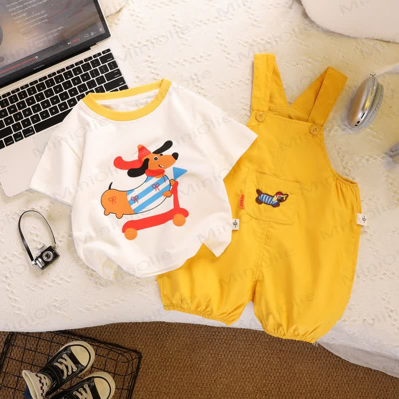 幼児男の子用ダックスフンド柄Tシャツとサスペンダーショーツのツーピースオーバーオールセット - 黄色 - 6～7歳 - image 1