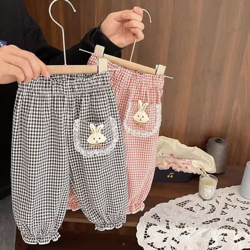 幼児用女の子向けうさぎ刺繍入りギンガムチェックフリル袖カジュアルパンツ - image 1