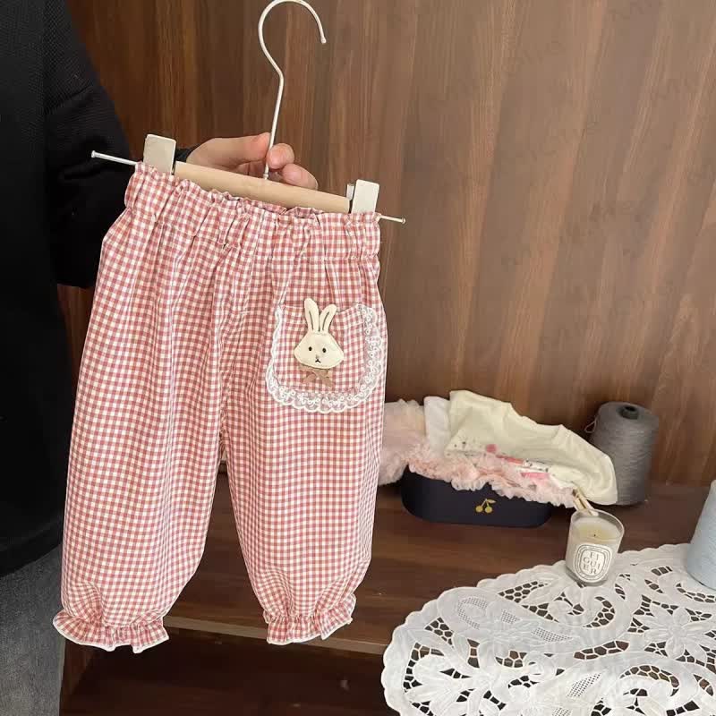幼児用女の子向けうさぎ刺繍入りギンガムチェックフリル袖カジュアルパンツ - 赤 - 6～7歳 - image 2