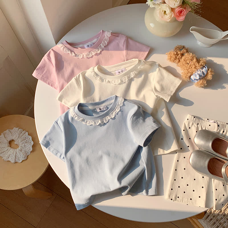 幼児・女の子用 無地 レース襟 夏用Tシャツ - 青 - 10-11歳 - image 1