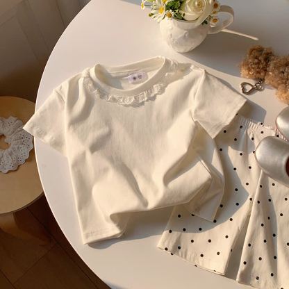 幼児・女の子用 無地 レース襟 夏用Tシャツ - 白 - 10-11歳 - image 2