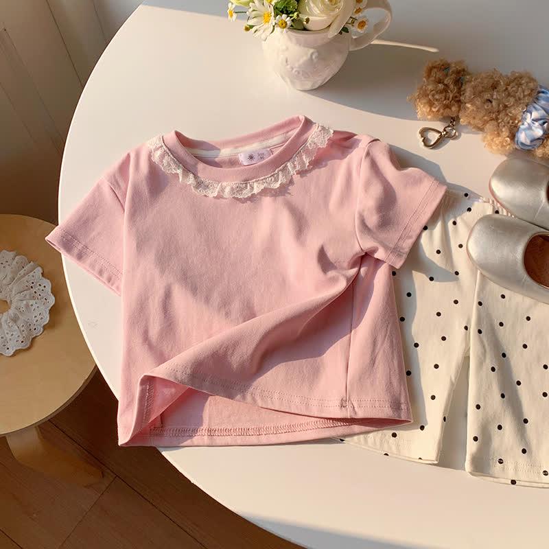 幼児・女の子用 無地 レース襟 夏用Tシャツ - ピンク - 10-11歳 - image 3