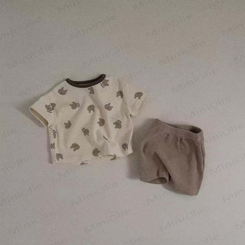 ベビー・幼児用コットン製アニマルプリントTシャツ＆ショートパンツ2点セット - コーヒー - 4～5歳 - image 2