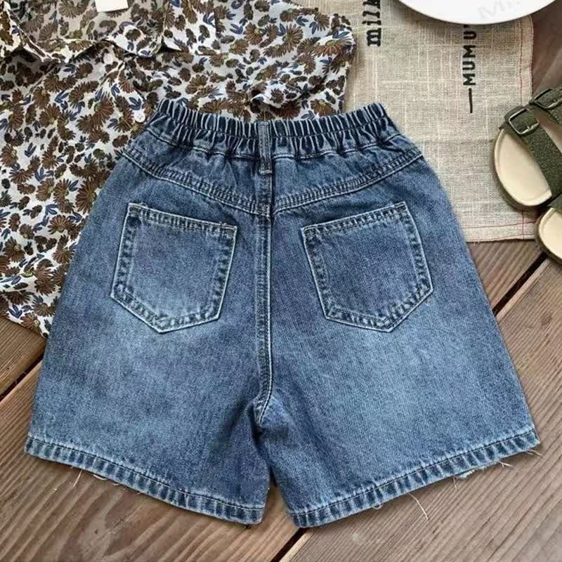 幼児用キッズ ウォッシュドデニム無地ネイビーショートパンツ - image 2