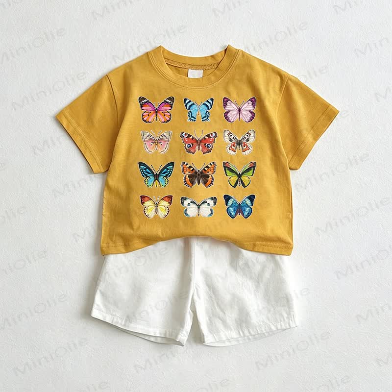 ベビー用蝶柄Tシャツ＆ショートパンツ 2点セット - 黄色と白 - 3～5歳 - image 1