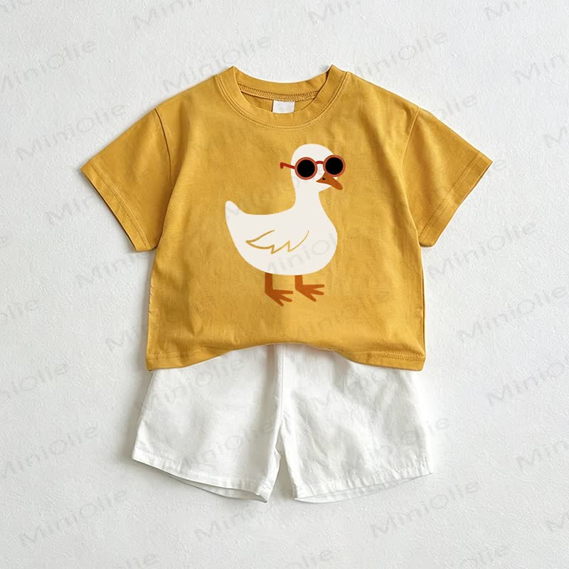サングラスをかけたベビーグースのTシャツとショートパンツの2点セット - 黄色と白 - 3～5歳 - image 1